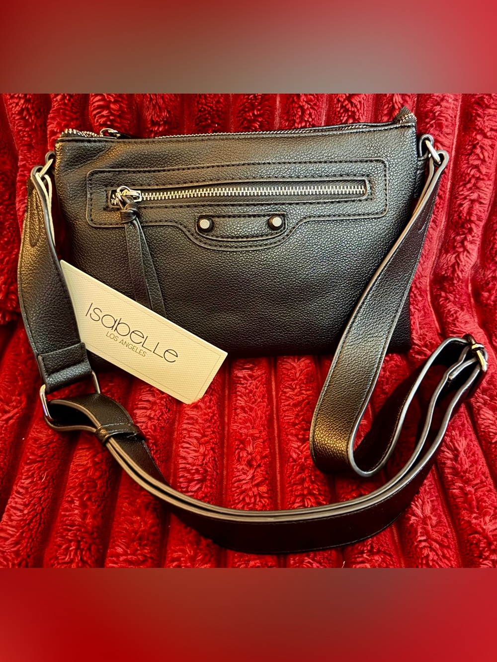 Isabelle Los Angeles Black Pebbled Crossbody Bag with Front Zip